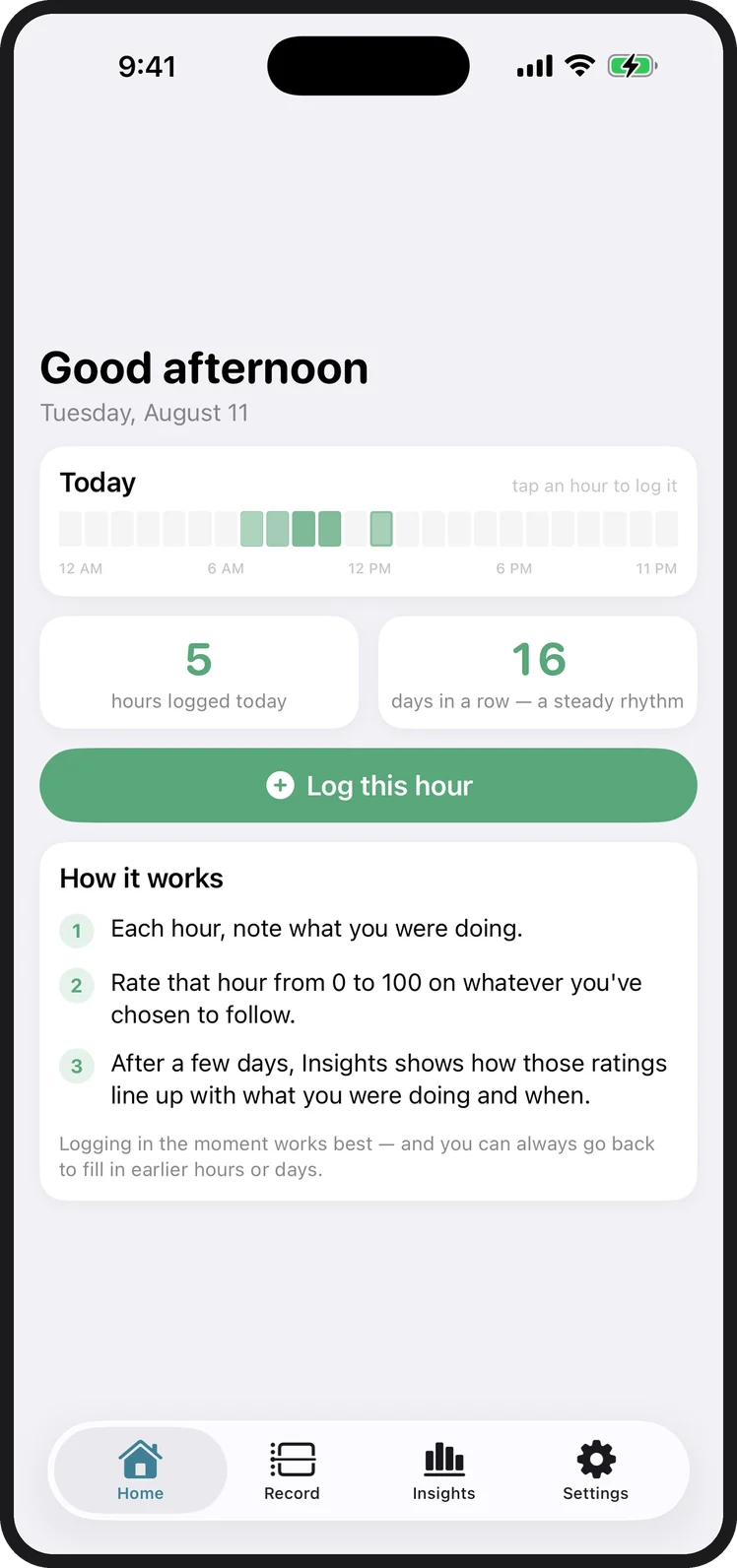La pantalla de inicio de la app, con las horas registradas hoy y una pequeña línea de tiempo