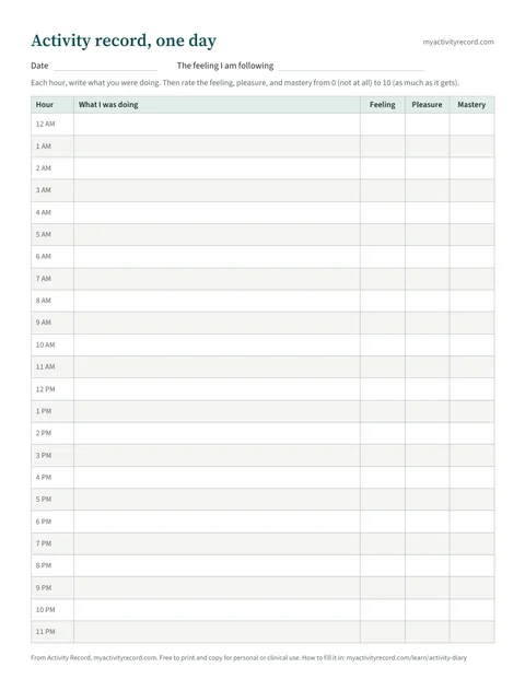 The one day sheet: a column of hours from midnight to 11 PM, a wide column for what you were doing, and narrow columns for feeling, pleasure, and mastery