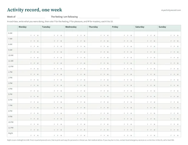 The one week sheet: seven day columns and rows from 6 AM to 11 PM plus a night row, with small F, P, and M marks in each box